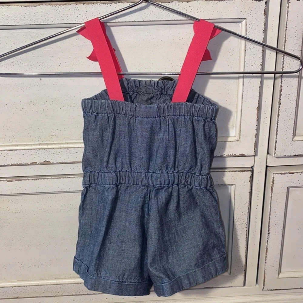Gymboree 3-6 months blue denim romper pink ribbon​